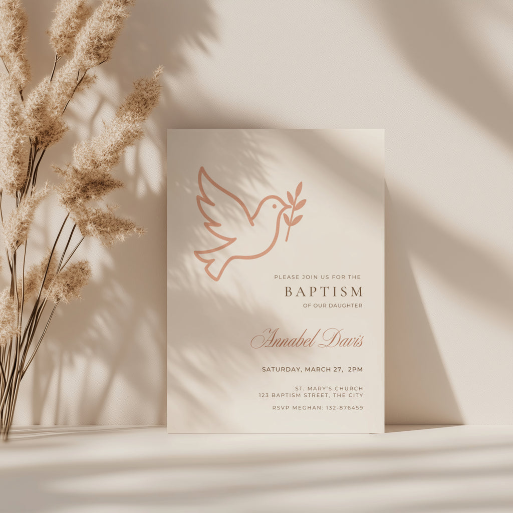 Minimalist baptism invitation with terracotta dove and olive branch in a modern neutral design