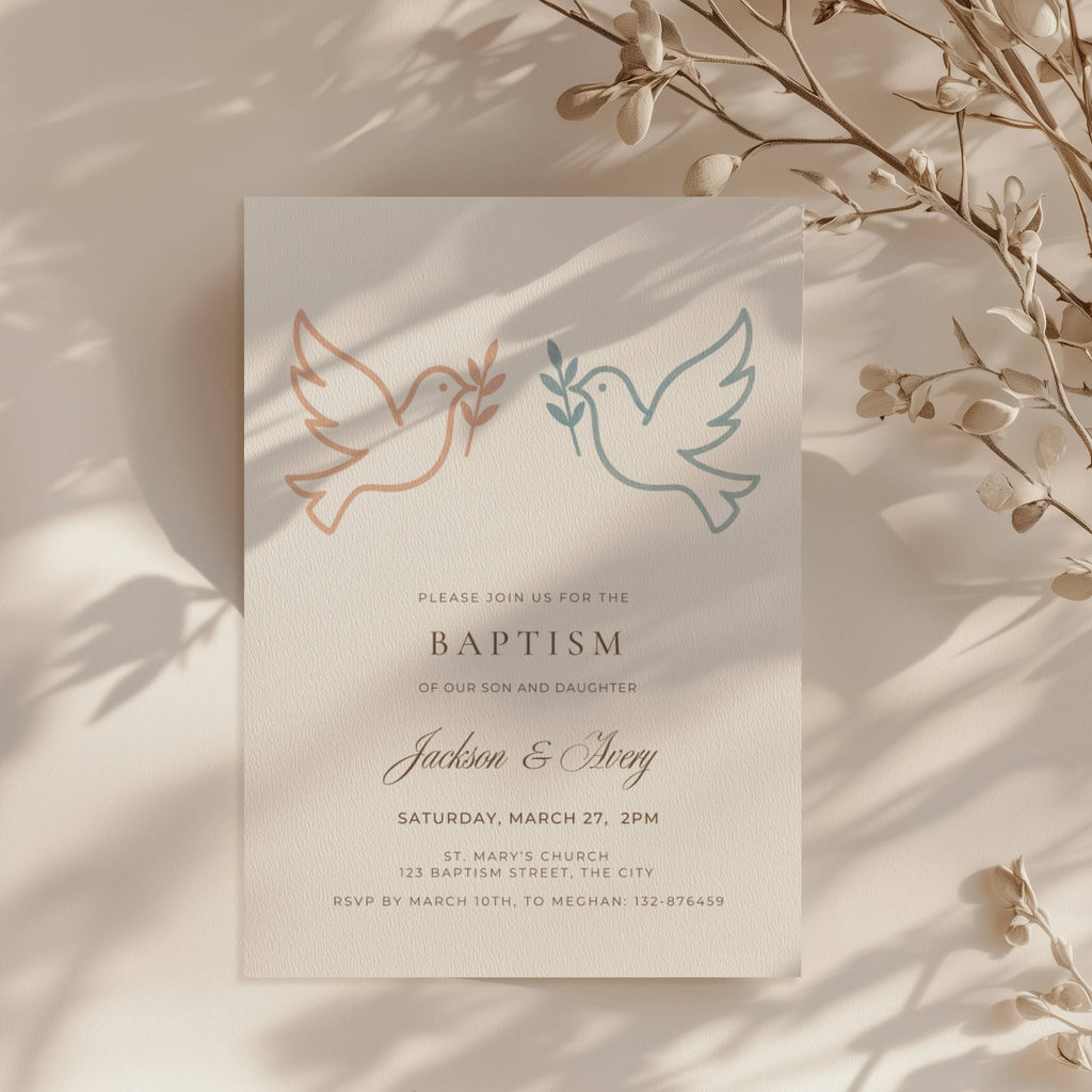 Boy Girl Twin baptism invitation with two minimalist doves in neutral terracotta and blue tones for siblings celebration