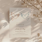 Boy Girl Twin baptism invitation with two minimalist doves in neutral terracotta and blue tones for siblings celebration