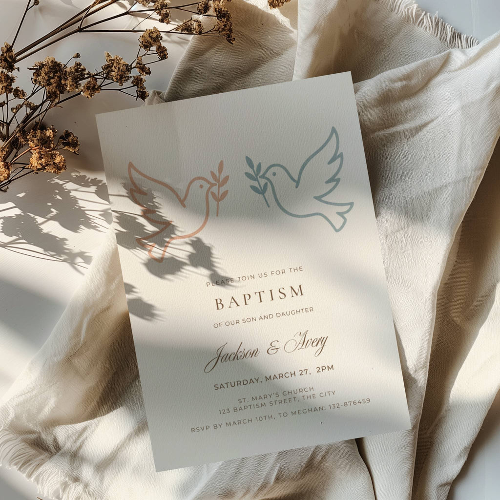 Boy Girl Twin baptism invitation with two minimalist doves in neutral terracotta and blue tones for siblings celebration
