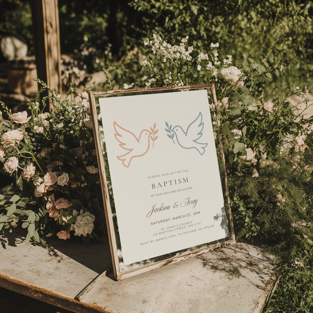 Boy Girl Twin baptism invitation with two minimalist doves in neutral terracotta and blue tones for siblings celebration