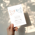 Boy Girl Twin baptism invitation with two minimalist doves in neutral terracotta and blue tones for siblings celebration