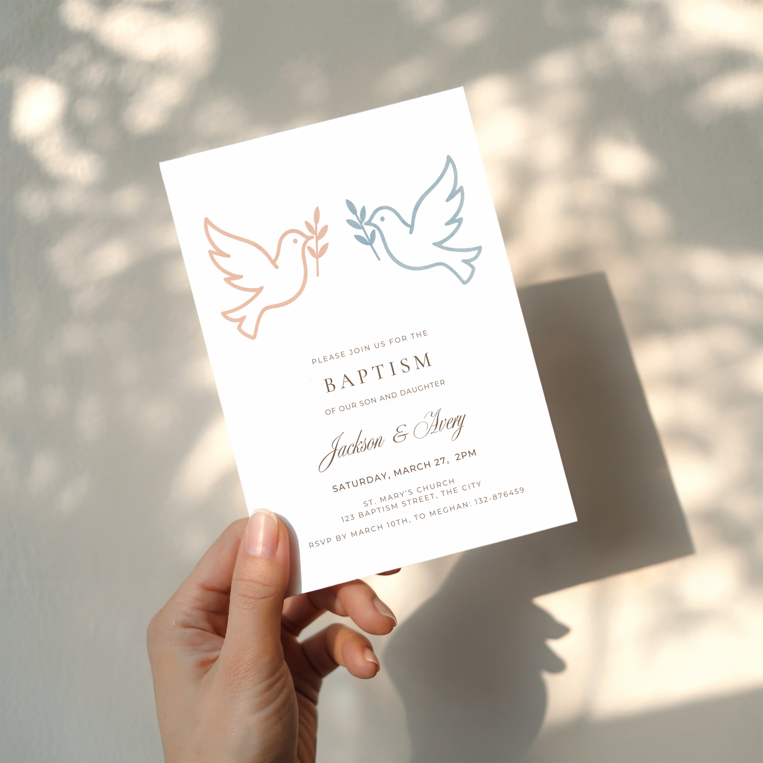 Boy Girl Twin baptism invitation with two minimalist doves in neutral terracotta and blue tones for siblings celebration