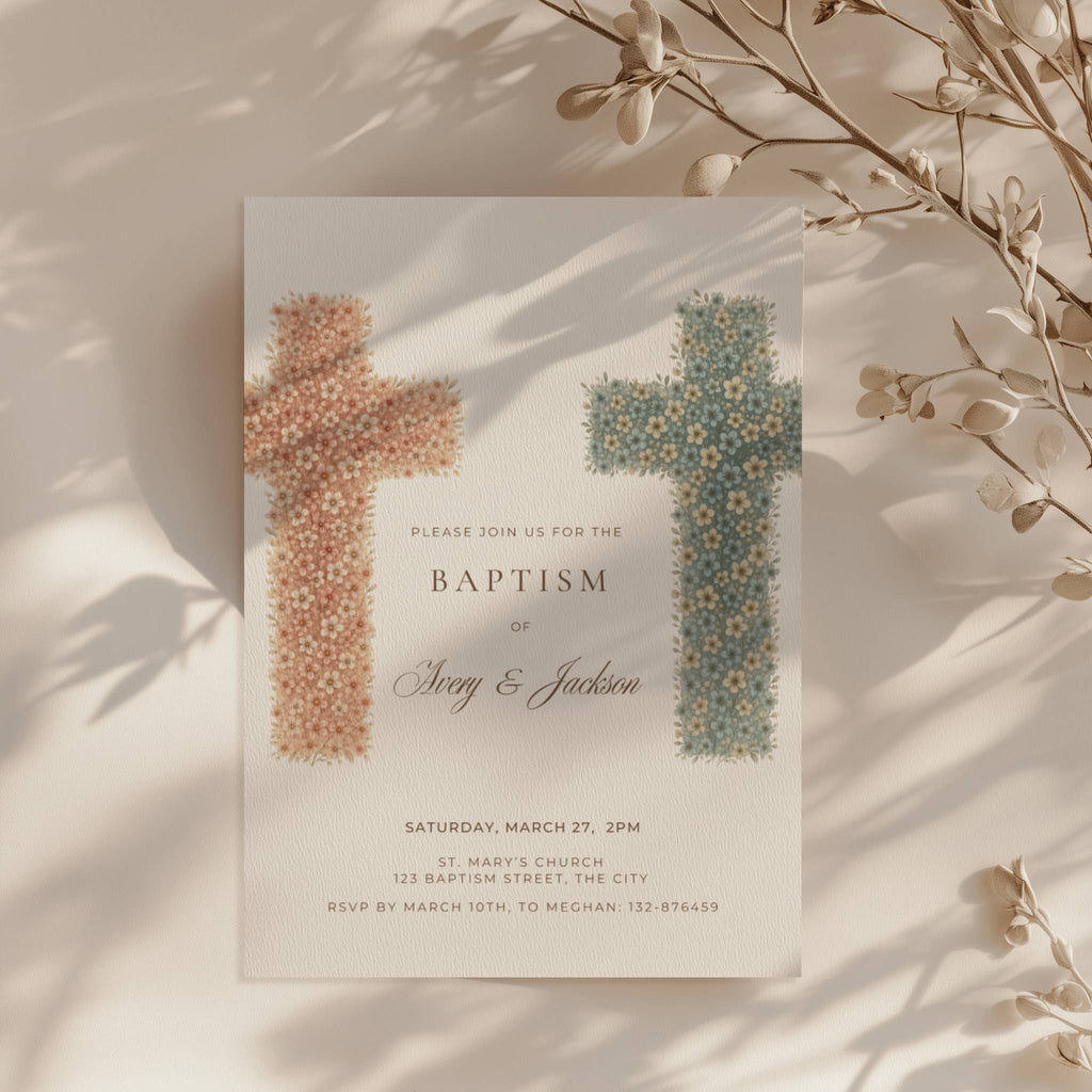 Twin baptism invitation with two floral crosses in terracotta and blue tones for siblings celebration
