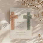 Twin baptism invitation with two floral crosses in terracotta and blue tones for siblings celebration