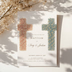 Twin baptism invitation with two floral crosses in terracotta and blue tones for siblings celebration