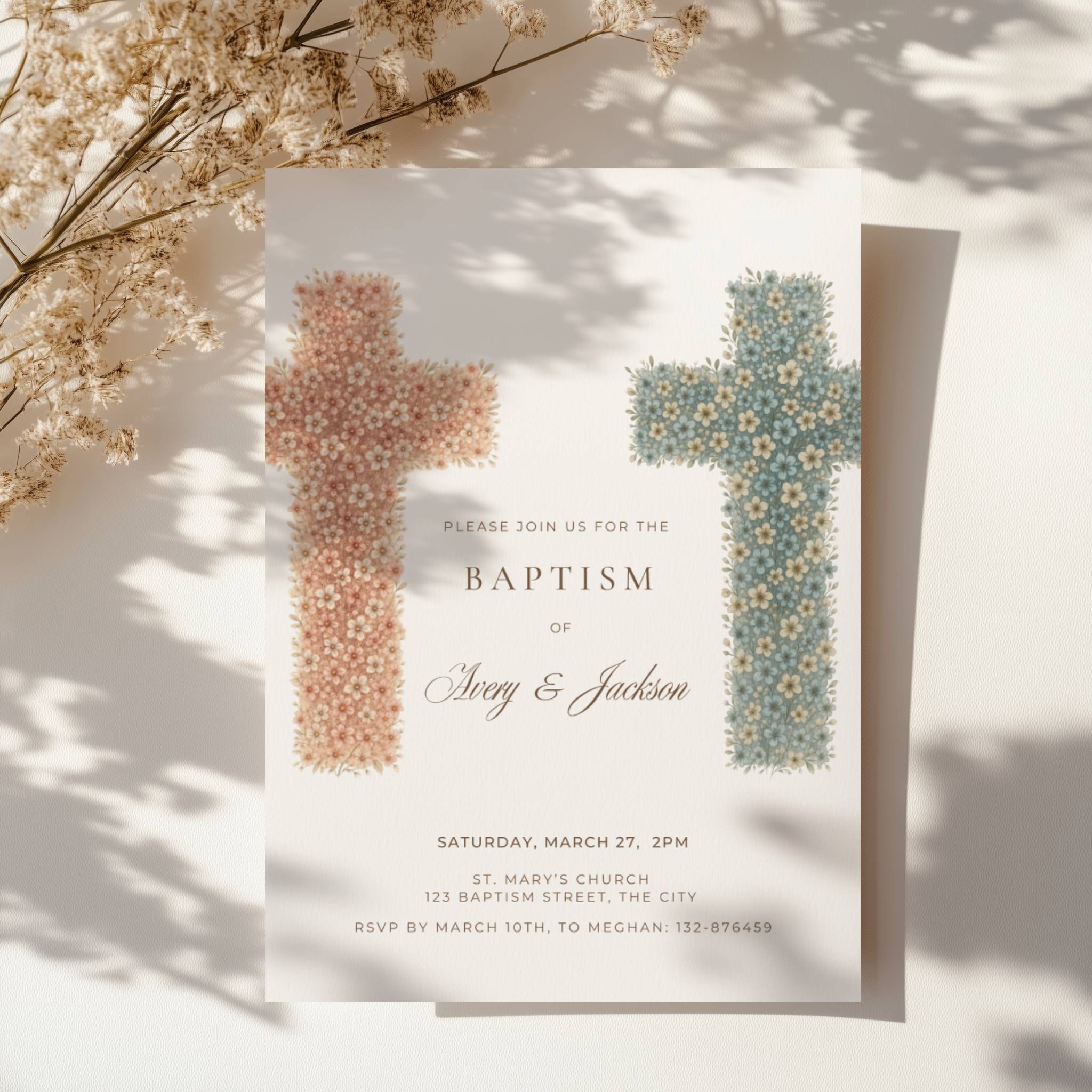 Twin baptism invitation with two floral crosses in terracotta and blue tones for siblings celebration