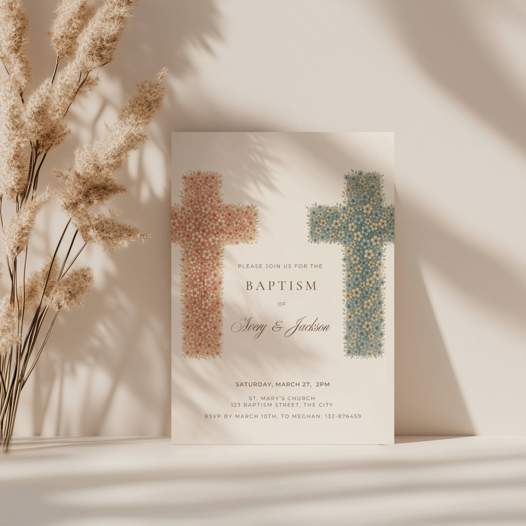Twin baptism invitation with two floral crosses in terracotta and blue tones for siblings celebration