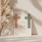 Twin baptism invitation with two floral crosses in terracotta and blue tones for siblings celebration