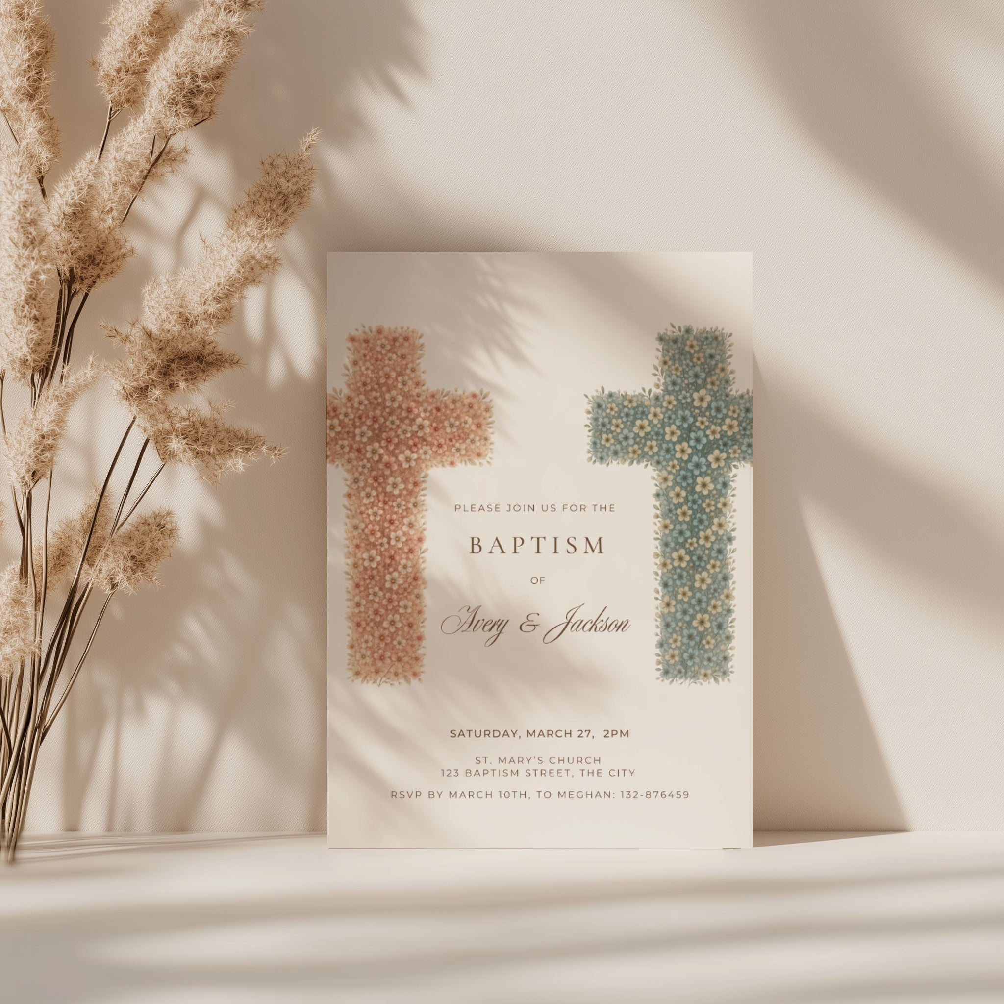 Twin baptism invitation with two floral crosses in terracotta and blue tones for siblings celebration