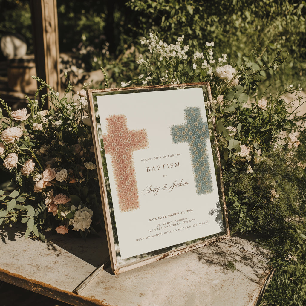 Twin baptism invitation with two floral crosses in terracotta and blue tones for siblings celebration