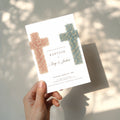 Twin baptism invitation with two floral crosses in terracotta and blue tones for siblings celebration