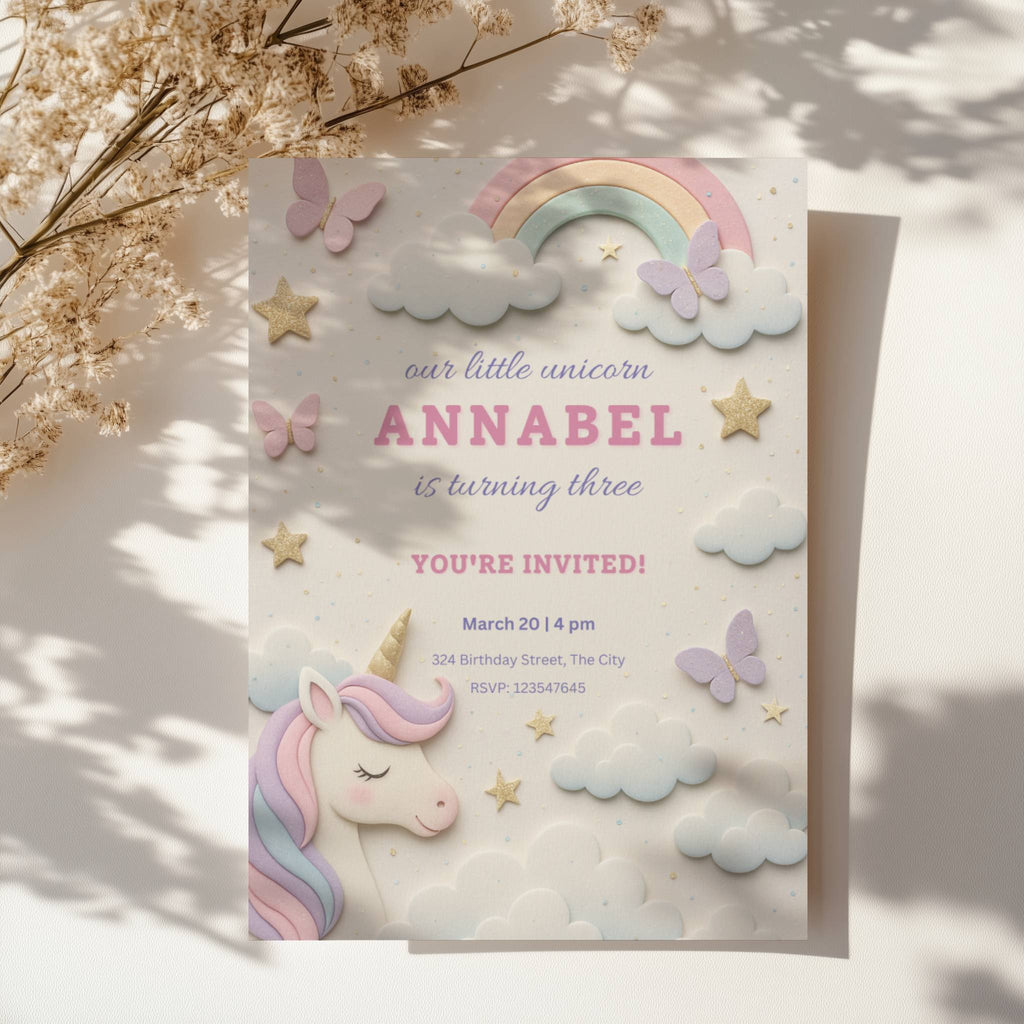Pastel unicorn birthday invitation with rainbow, clouds and butterflies in soft colors for a magical girls party celebration