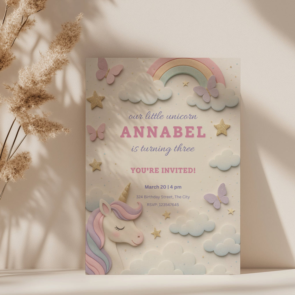 Pastel unicorn birthday invitation with rainbow, clouds and butterflies in soft colors for a magical girls party celebration