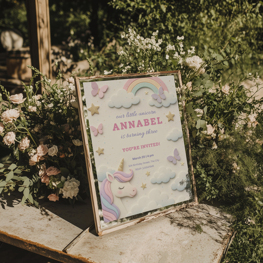 Pastel unicorn birthday invitation with rainbow, clouds and butterflies in soft colors for a magical girls party celebration