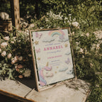 Pastel unicorn birthday invitation with rainbow, clouds and butterflies in soft colors for a magical girls party celebration