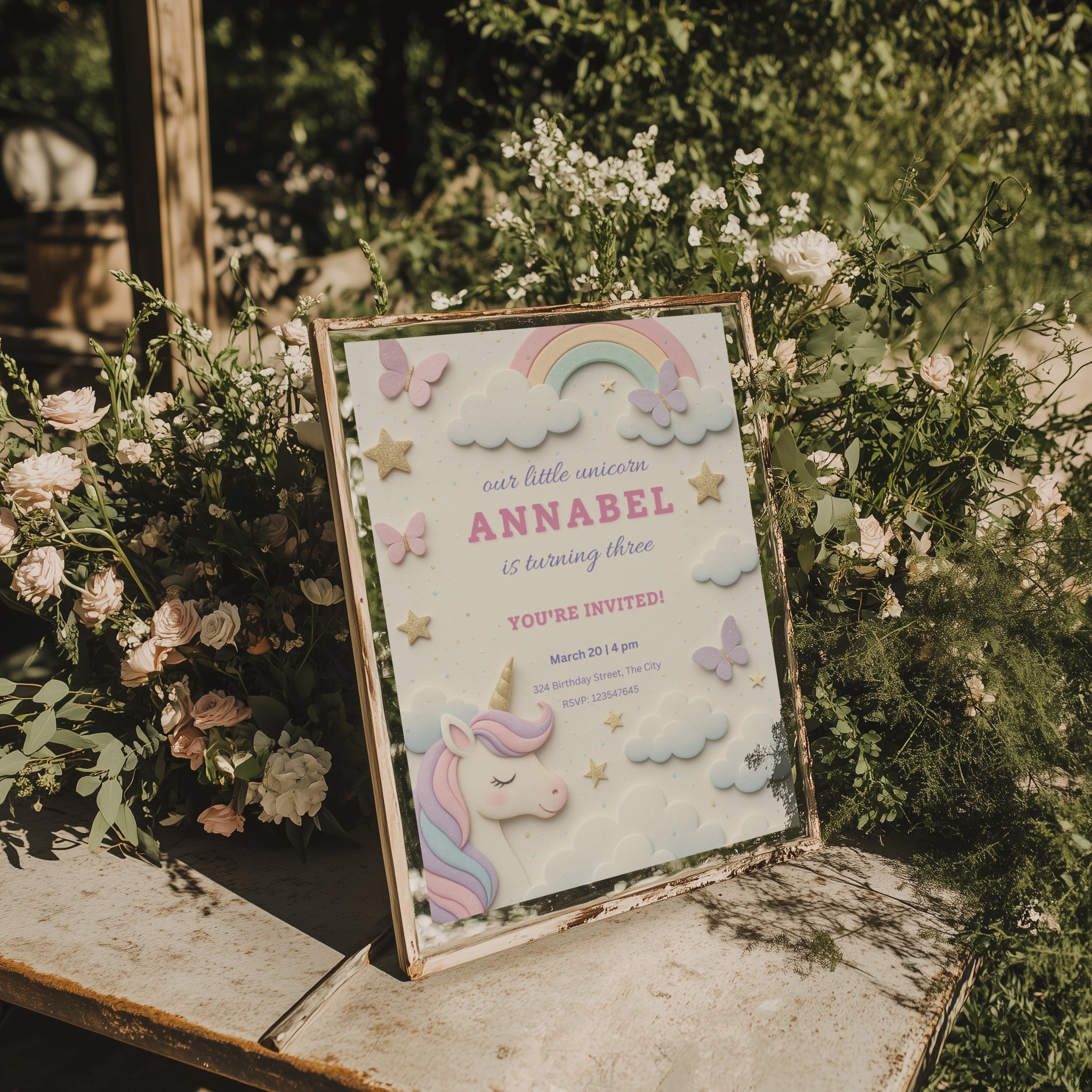 Pastel unicorn birthday invitation with rainbow, clouds and butterflies in soft colors for a magical girls party celebration