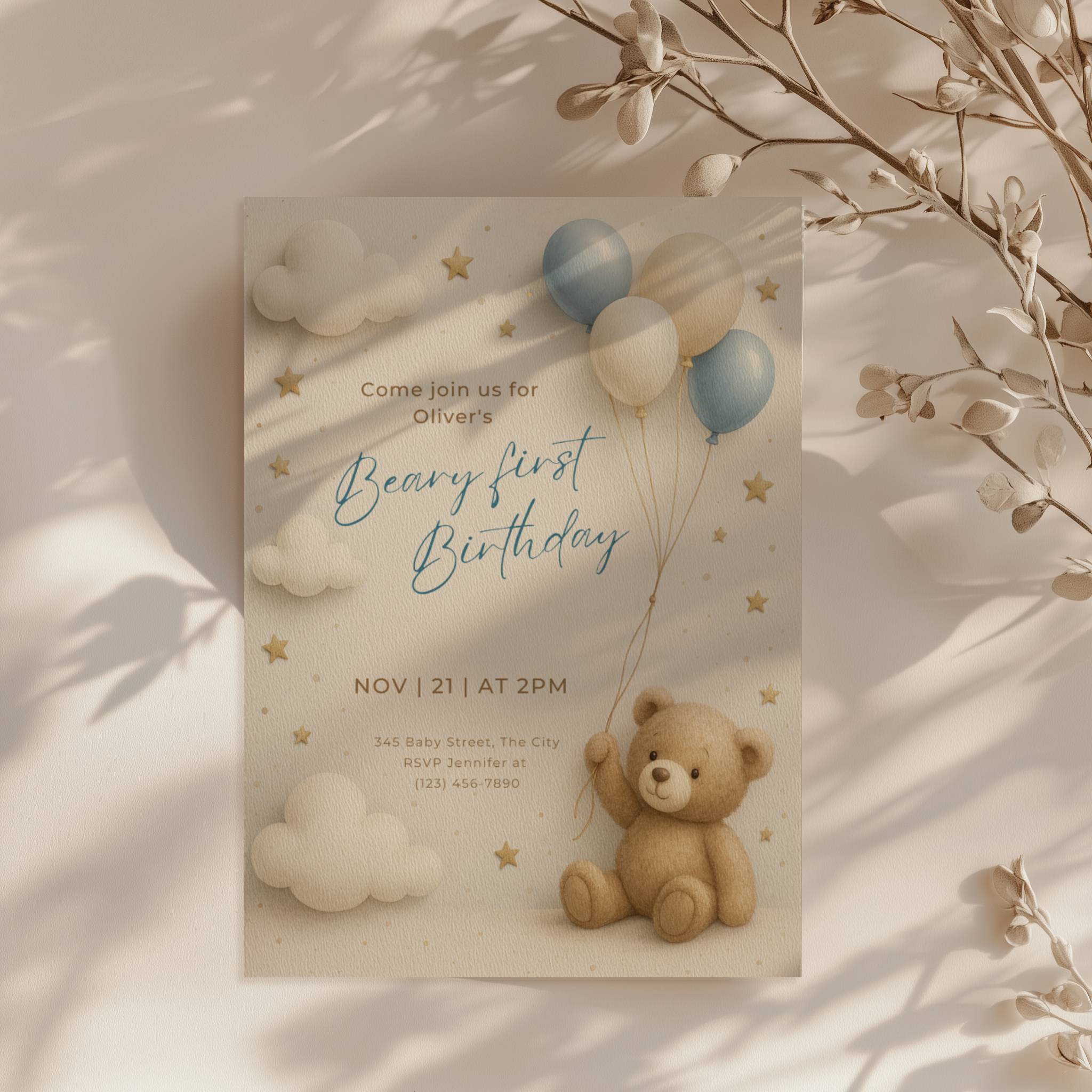 Beary first birthday invitation with teddy bear holding balloons in soft neutral colors with clouds and stars for a baby first birthday party