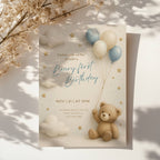 Beary first birthday invitation with teddy bear holding balloons in soft neutral colors with clouds and stars for a baby first birthday party