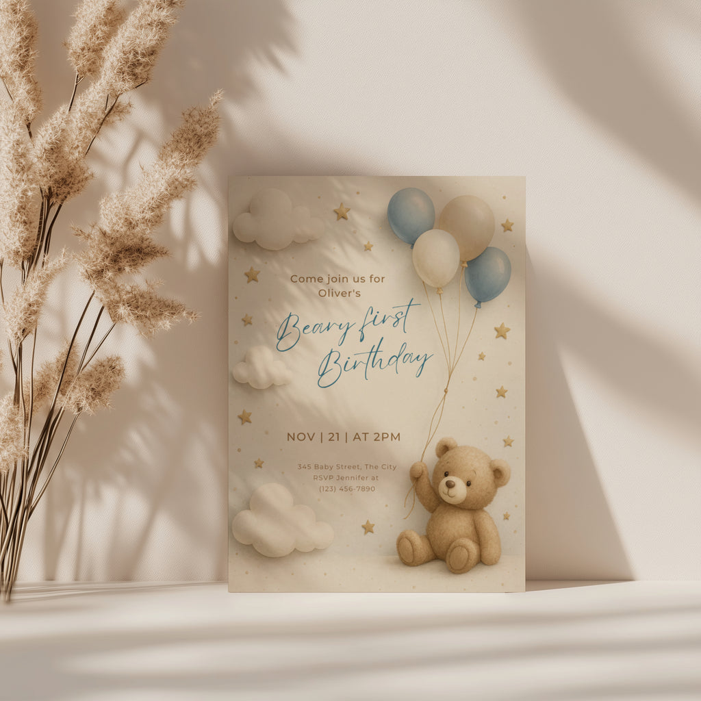 Beary first birthday invitation with teddy bear holding balloons in soft neutral colors with clouds and stars for a baby first birthday party