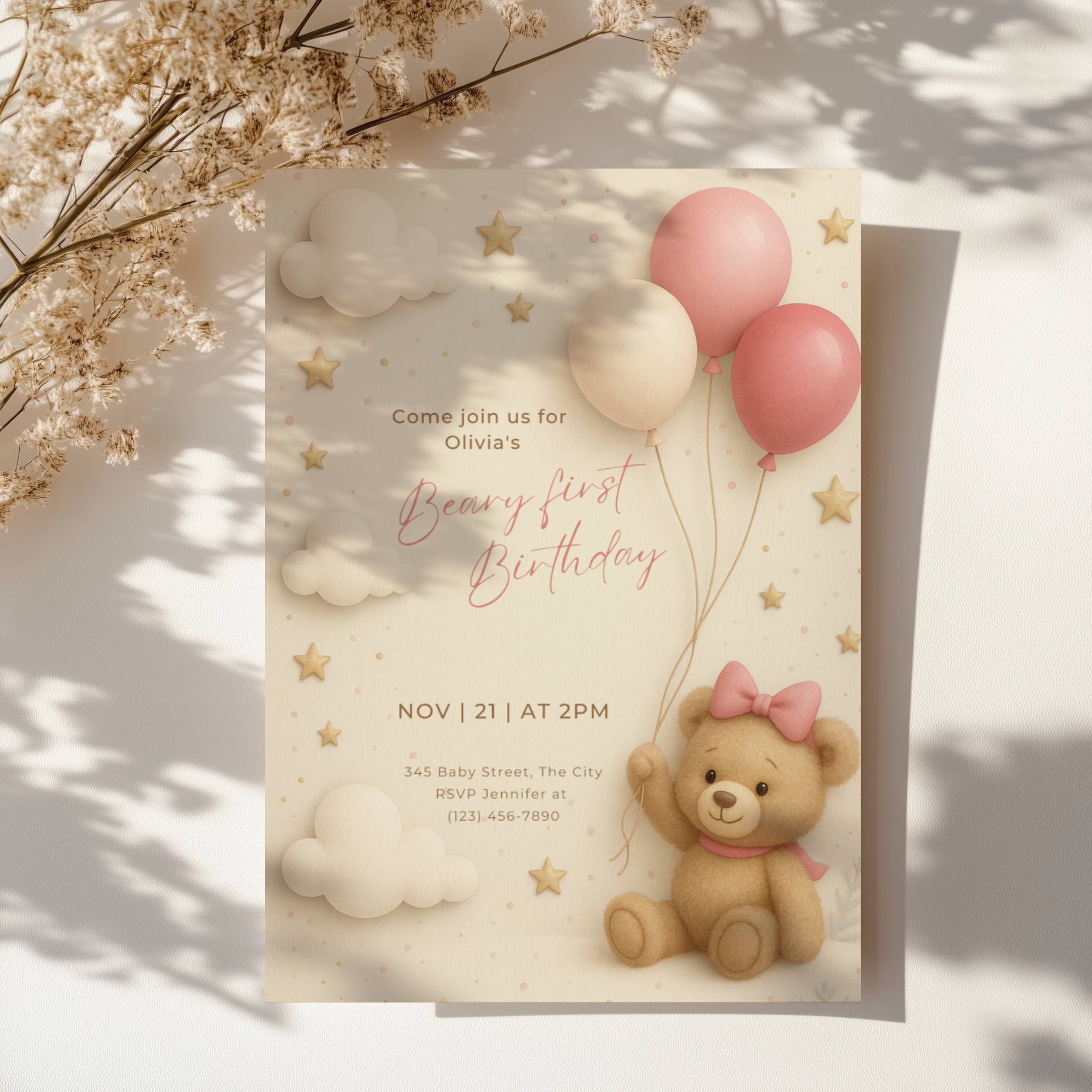 Beary first birthday invitation with teddy bear wearing a bow holding pink balloons in soft pastel colors for a baby girl first birthday party