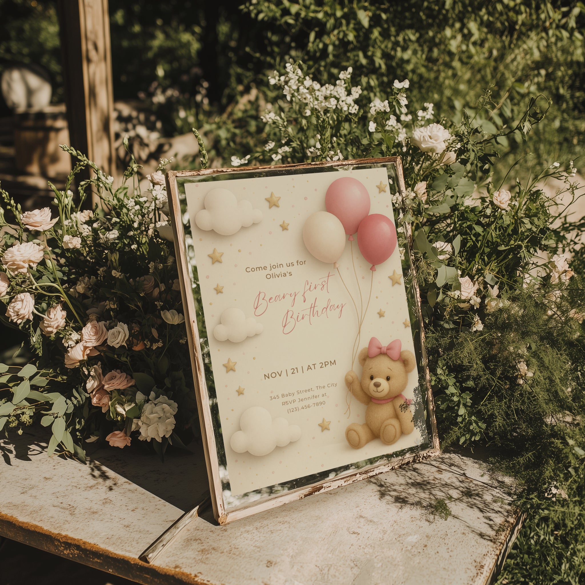 Beary first birthday invitation with teddy bear wearing a bow holding pink balloons in soft pastel colors for a baby girl first birthday party