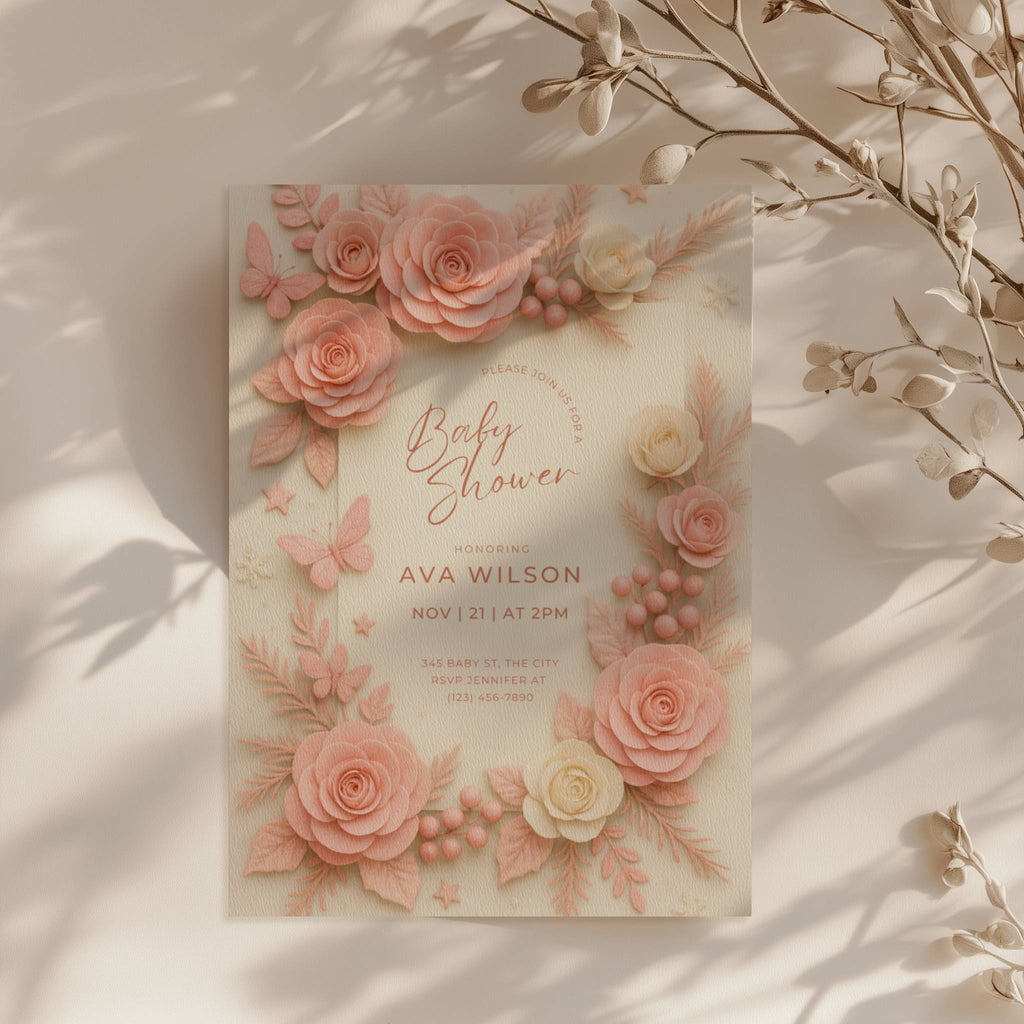 Soft pink baby shower invitation with floral roses and botanical elements in blush tones for an elegant baby girl celebration