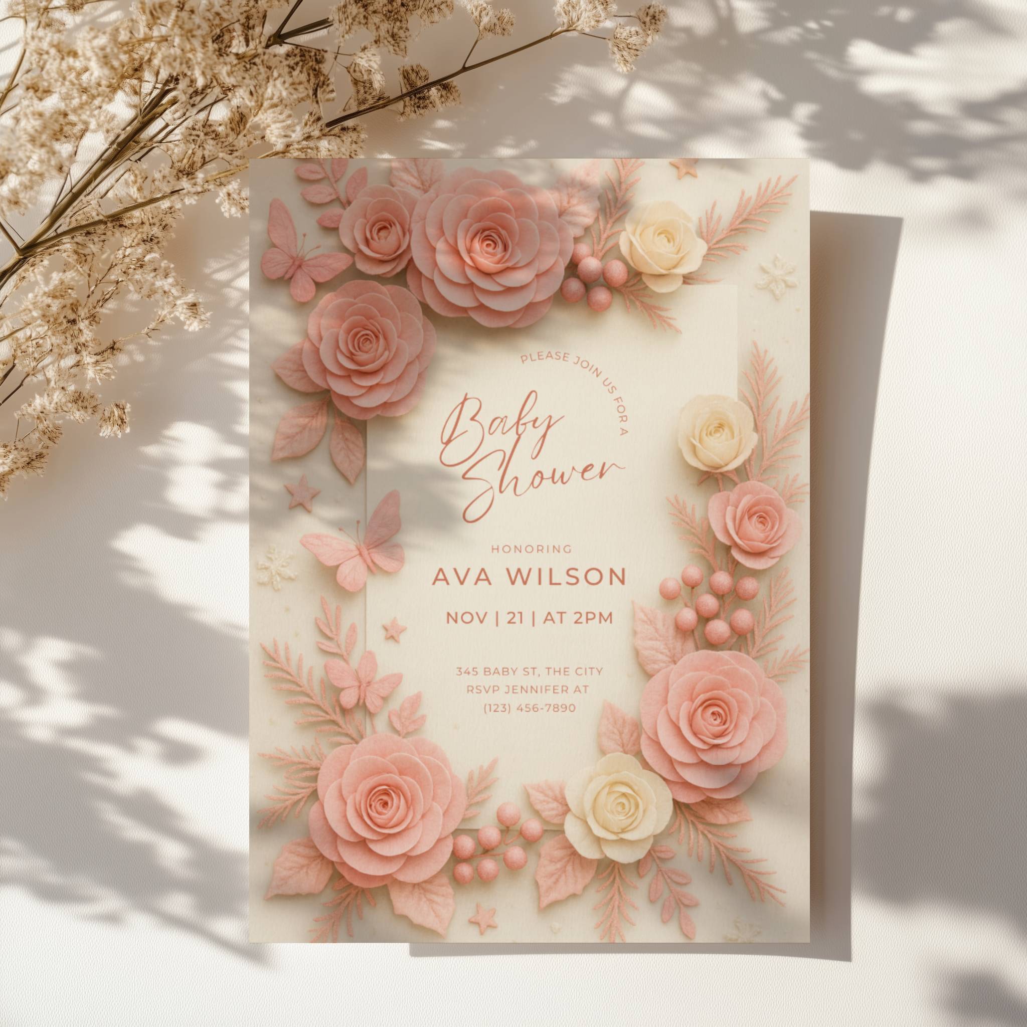 Soft pink baby shower invitation with floral roses and botanical elements in blush tones for an elegant baby girl celebration