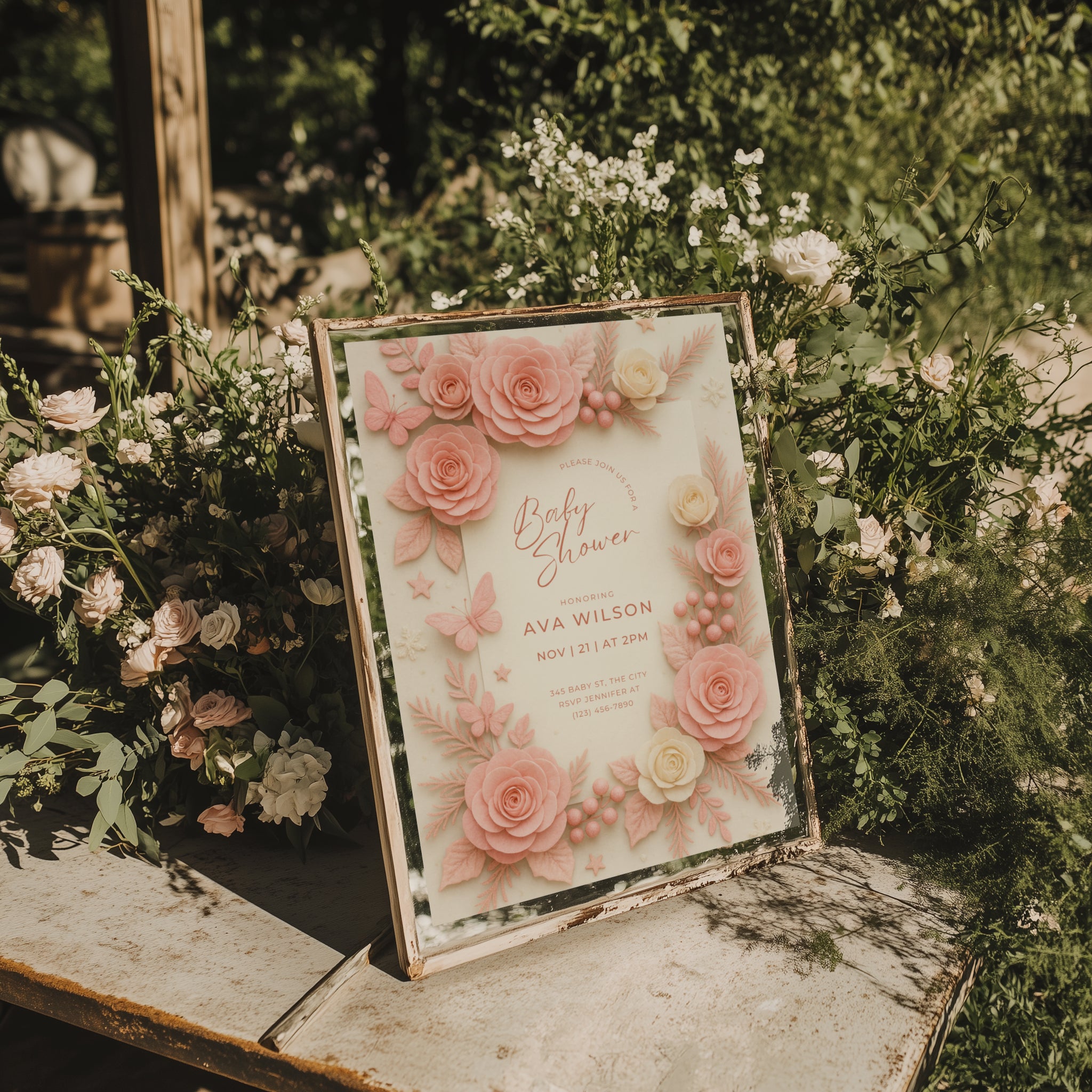 Soft pink baby shower invitation with floral roses and botanical elements in blush tones for an elegant baby girl celebration