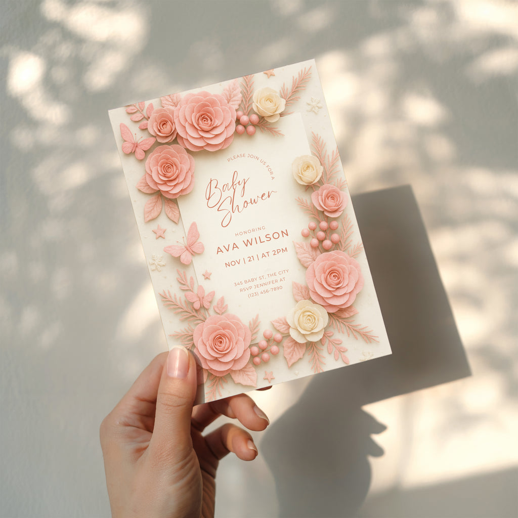 Soft pink baby shower invitation with floral roses and botanical elements in blush tones for an elegant baby girl celebration