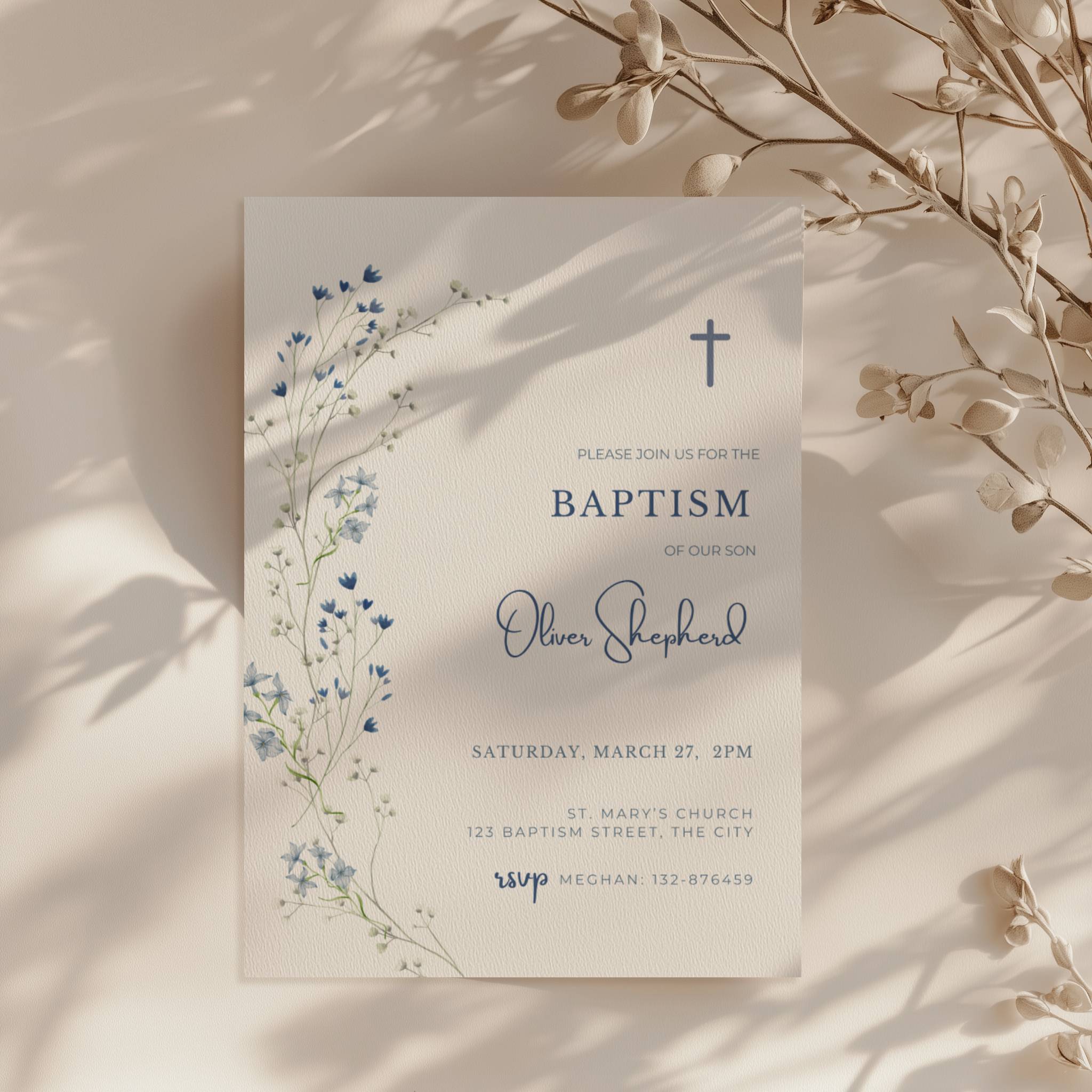 Minimal blue floral baptism invitation with delicate botanical elements and cross design for a baby boy christening