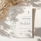 Minimal blue floral baptism invitation with delicate botanical elements and cross design for a baby boy christening