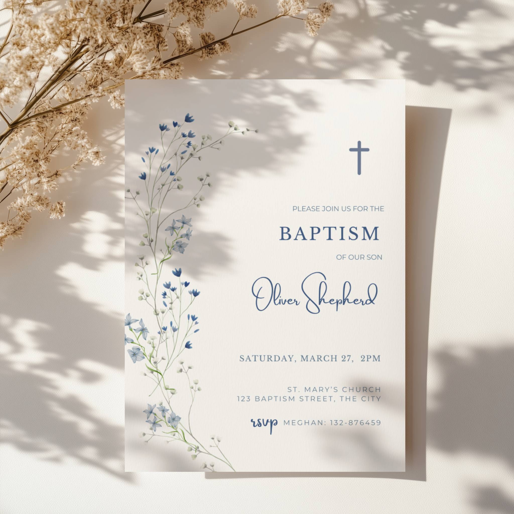 Minimal blue floral baptism invitation with delicate botanical elements and cross design for a baby boy christening