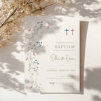 Floral baptism invitation for twins with blue and pink cross and delicate botanical elements for a sibling christening celebration