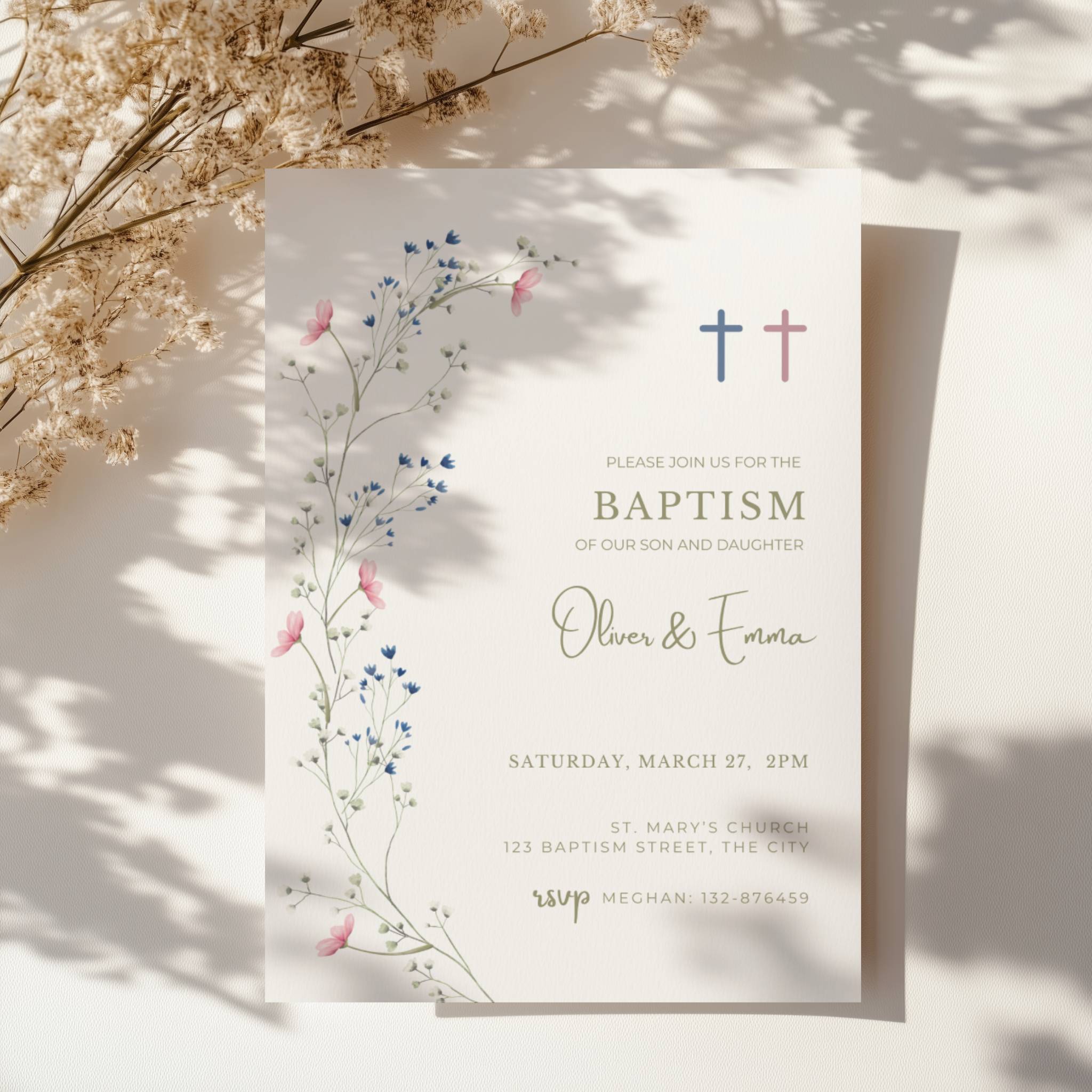 Floral baptism invitation for twins with blue and pink cross and delicate botanical elements for a sibling christening celebration