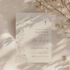 Wildflower baptism invitation for a baby girl with soft pink tones and delicate floral botanical design in a minimal elegant style