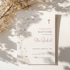Wildflower baptism invitation for a baby girl with soft pink tones and delicate floral botanical design in a minimal elegant style