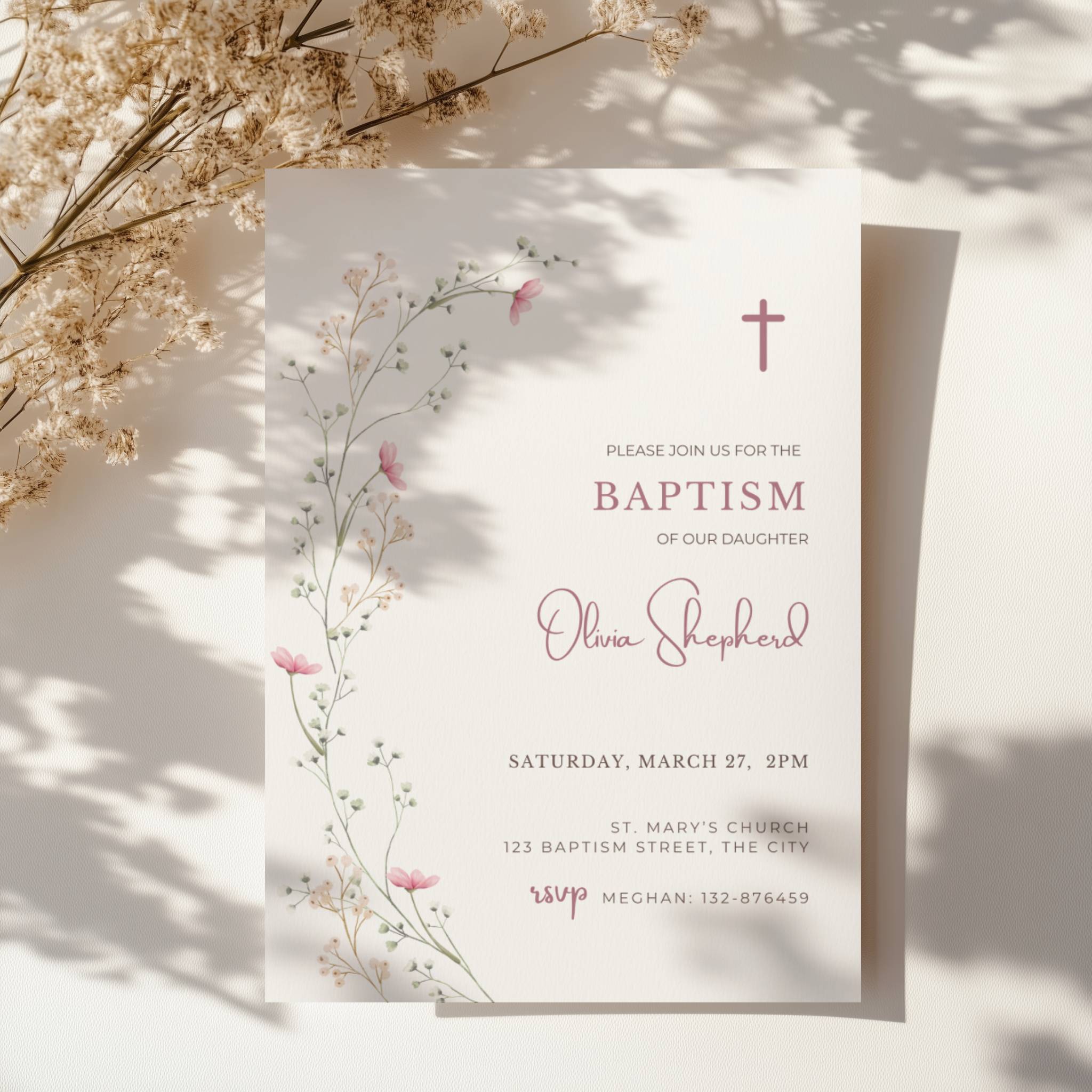 Wildflower baptism invitation for a baby girl with soft pink tones and delicate floral botanical design in a minimal elegant style