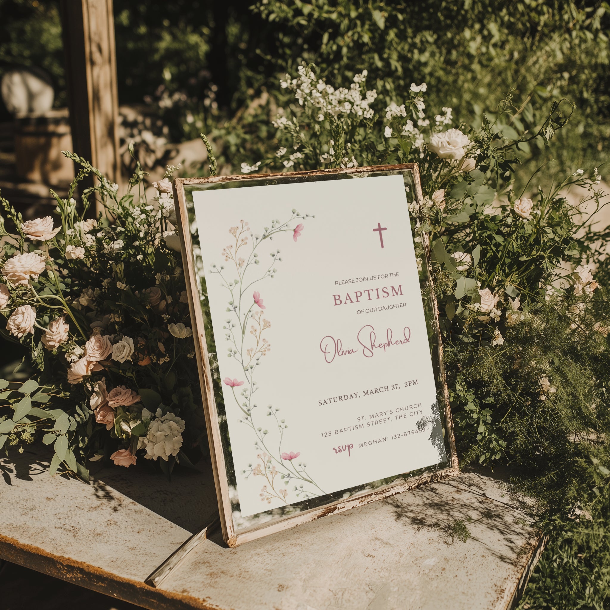 Wildflower baptism invitation for a baby girl with soft pink tones and delicate floral botanical design in a minimal elegant style