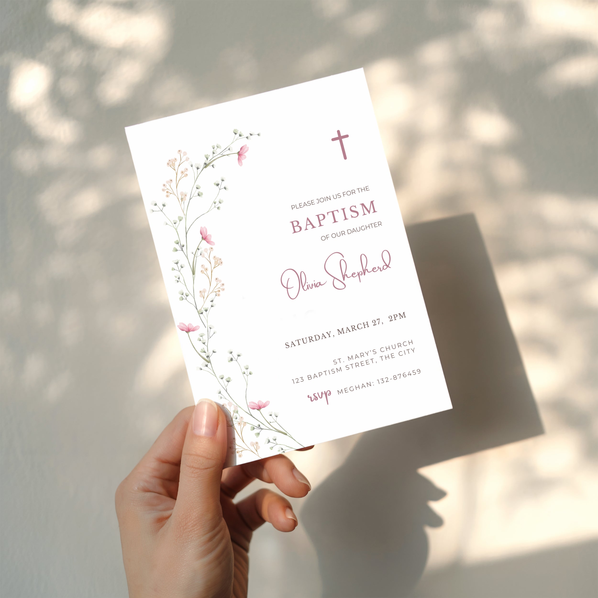 Wildflower baptism invitation for a baby girl with soft pink tones and delicate floral botanical design in a minimal elegant style