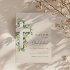 Sage green baptism invitation with soft greenery leaves and minimal botanical design for a baby boy christening