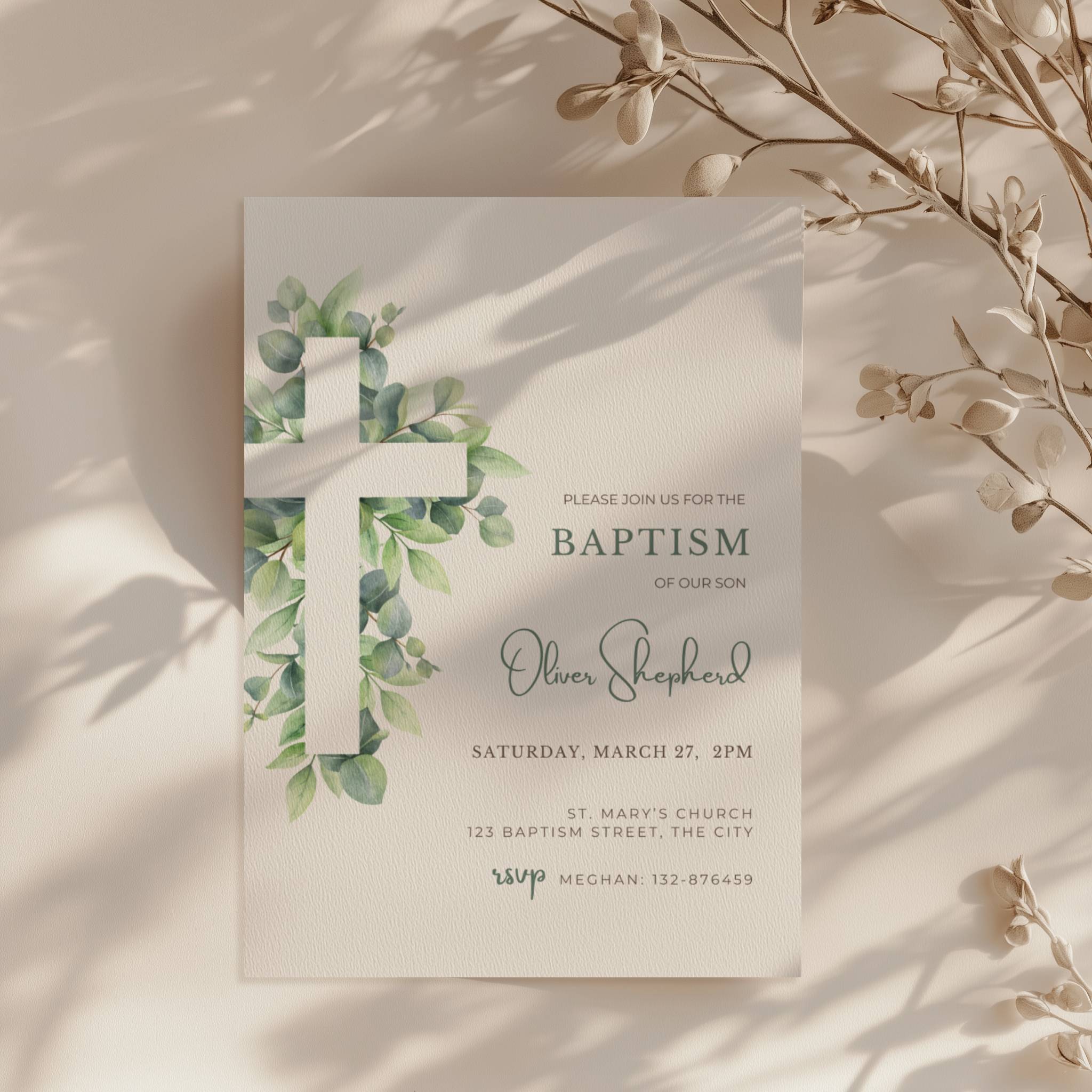 Sage green baptism invitation with soft greenery leaves and minimal botanical design for a baby boy christening