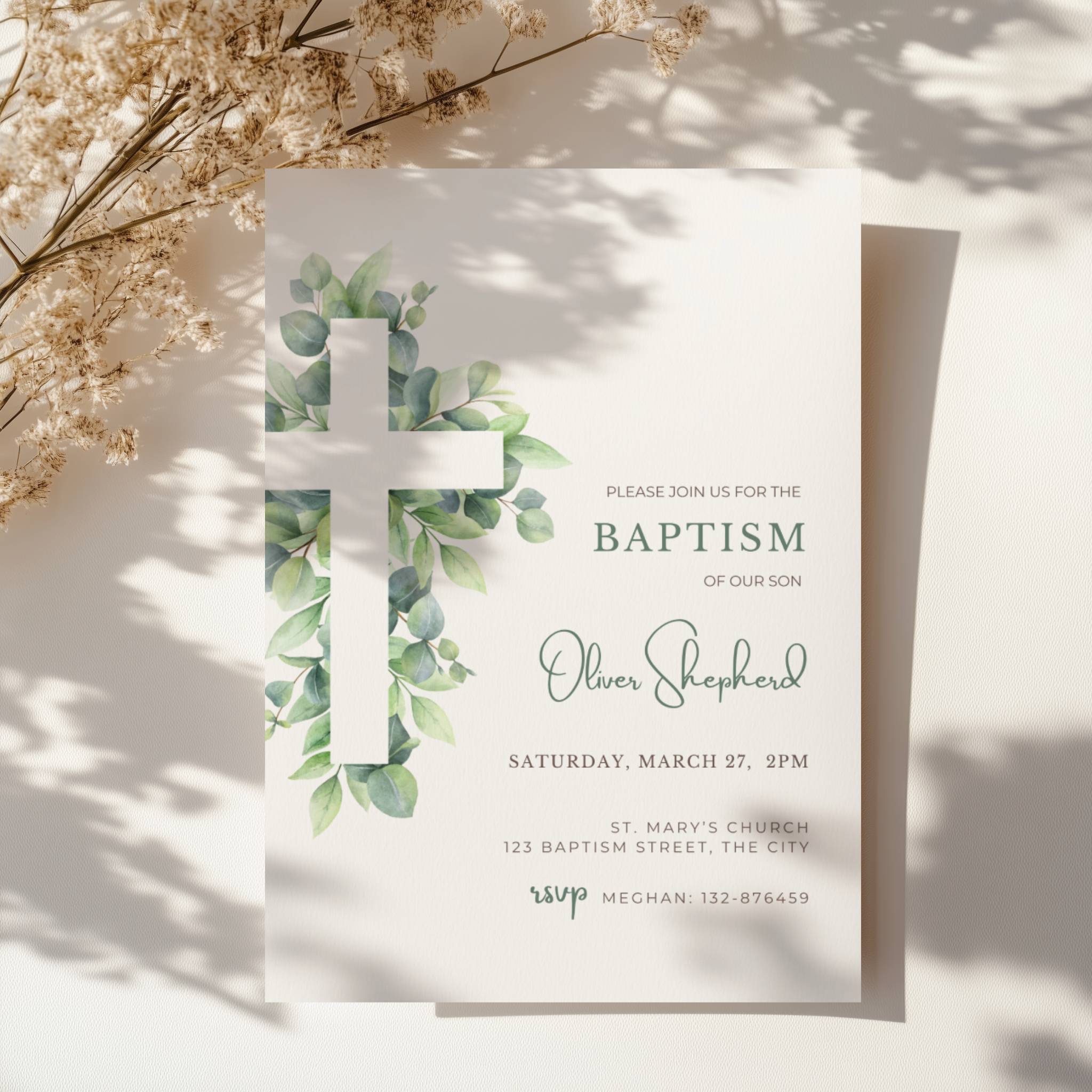 Sage green baptism invitation with soft greenery leaves and minimal botanical design for a baby boy christening