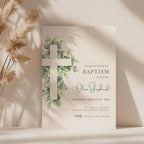 Sage green baptism invitation with soft greenery leaves and minimal botanical design for a baby boy christening