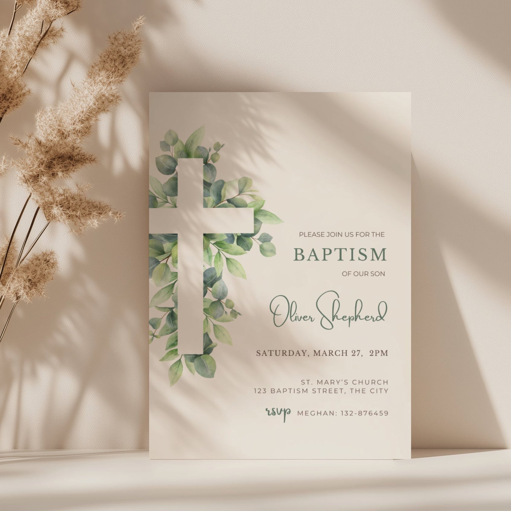 Sage green baptism invitation with soft greenery leaves and minimal botanical design for a baby boy christening