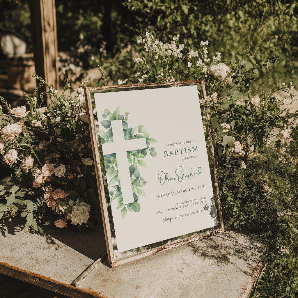 Sage green baptism invitation with soft greenery leaves and minimal botanical design for a baby boy christening