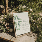 Sage green baptism invitation with soft greenery leaves and minimal botanical design for a baby boy christening