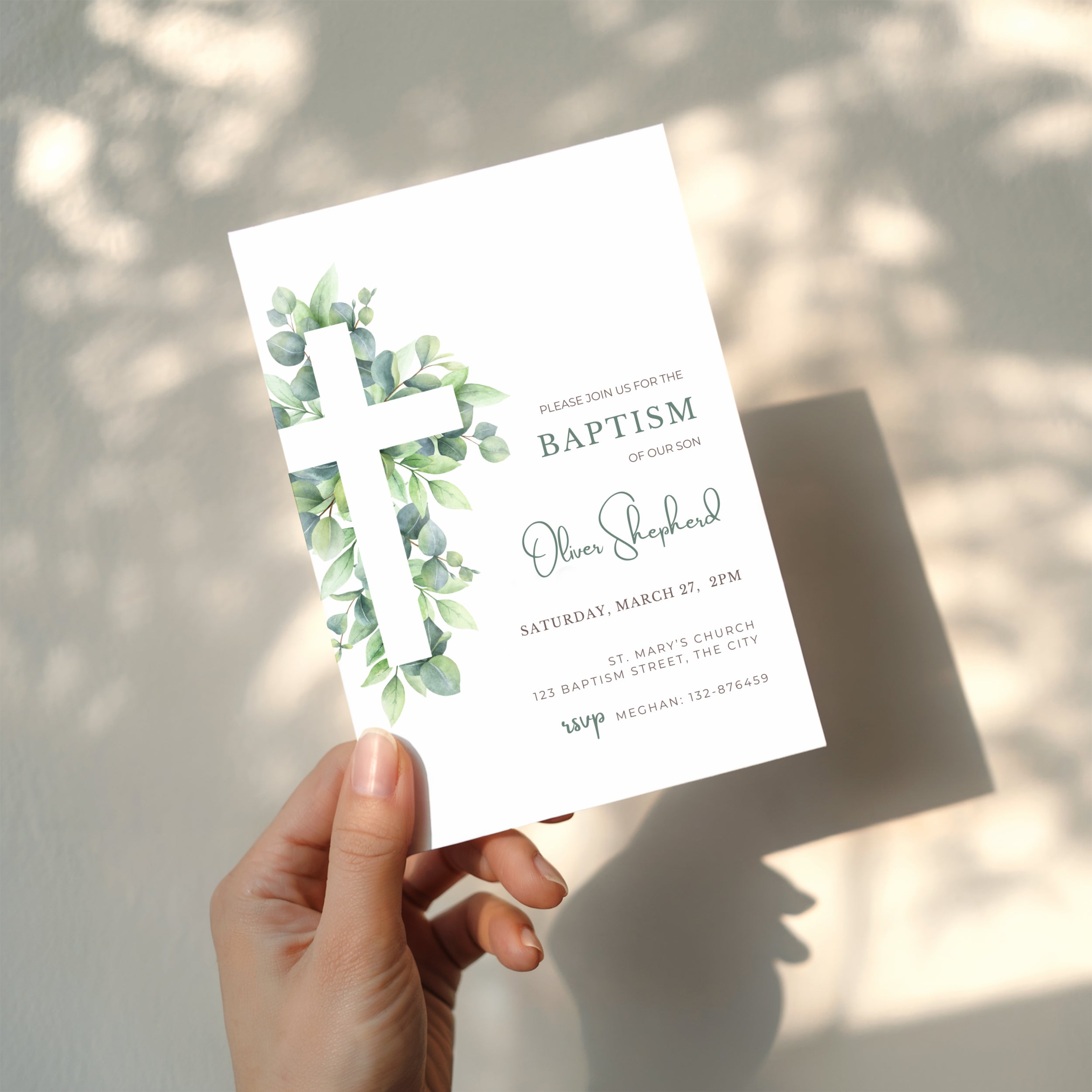 Sage green baptism invitation with soft greenery leaves and minimal botanical design for a baby boy christening