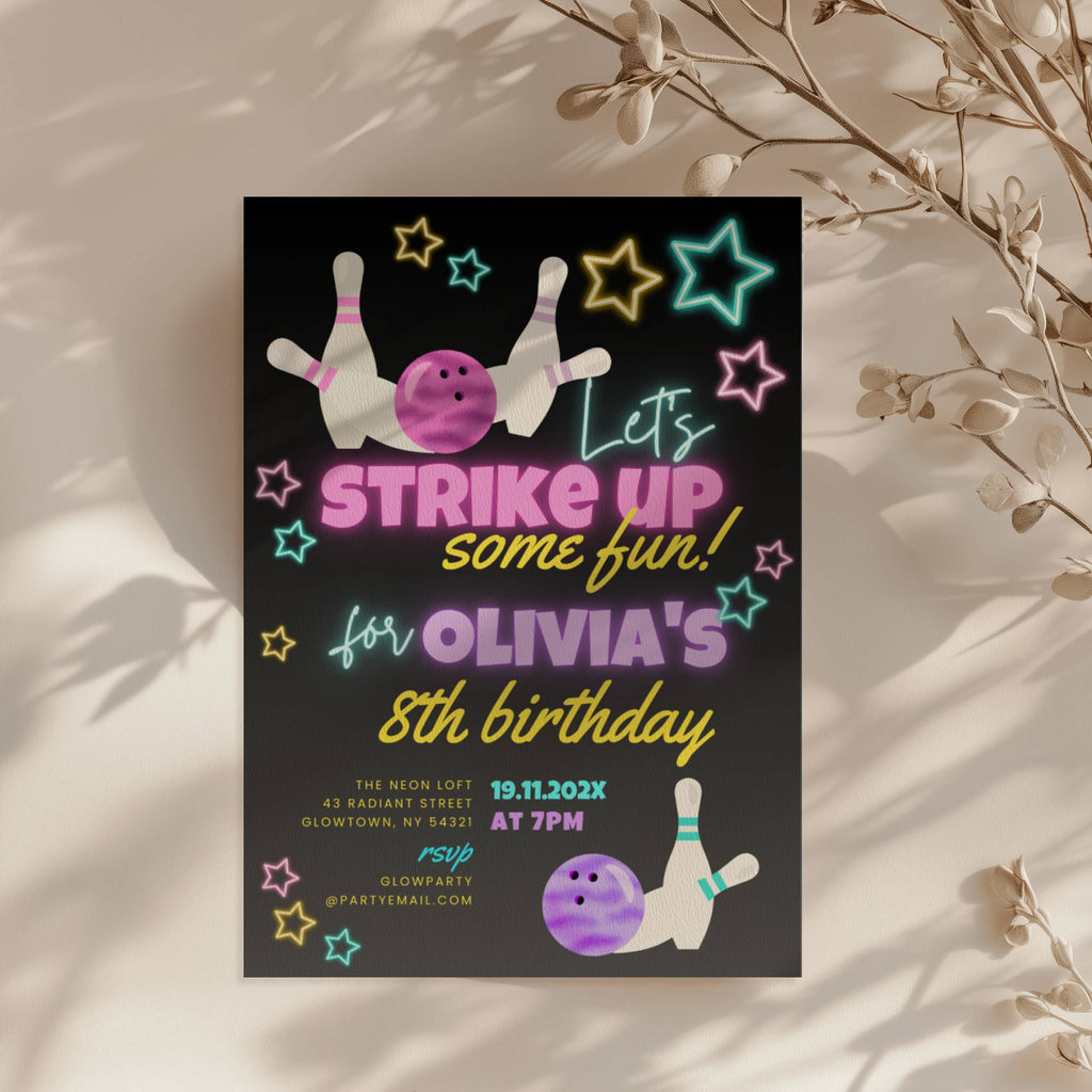 Neon bowling birthday invitation with glowing stars, bowling pins and colorful text for a fun kids party celebration