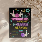 Neon bowling birthday invitation with glowing stars, bowling pins and colorful text for a fun kids party celebration